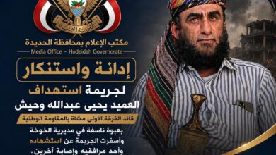إعلام الحديدة يستنكر جريمة استهداف العميد "يحيى وحيش" ويدعو لتحقيق عاجل وشفاف