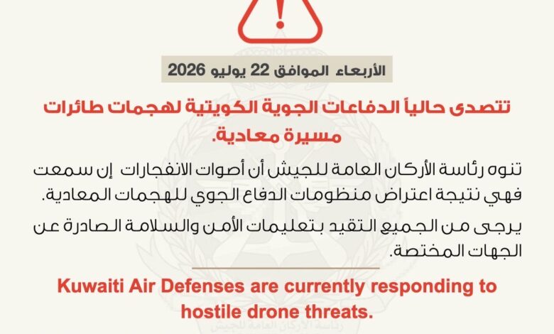 الكويت تعلن اعتراض طائرات مسيّرة معادية وتدعو المواطنين إلى الالتزام بإرشادات السلامة