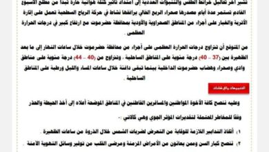 الإنذار المبكر بحضرموت يحذر من موجة حرارة مرتفعة مطلع الأسبوع القادم 3 الإنذار المبكر بحضرموت يحذر من موجة حرارة مرتفعة مطلع الأسبوع القادم