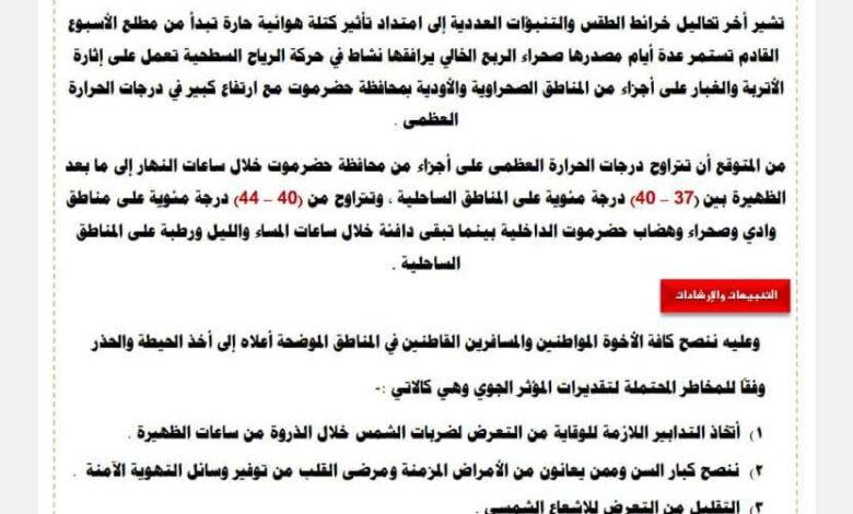 الإنذار المبكر بحضرموت يحذر من موجة حرارة مرتفعة مطلع الأسبوع القادم