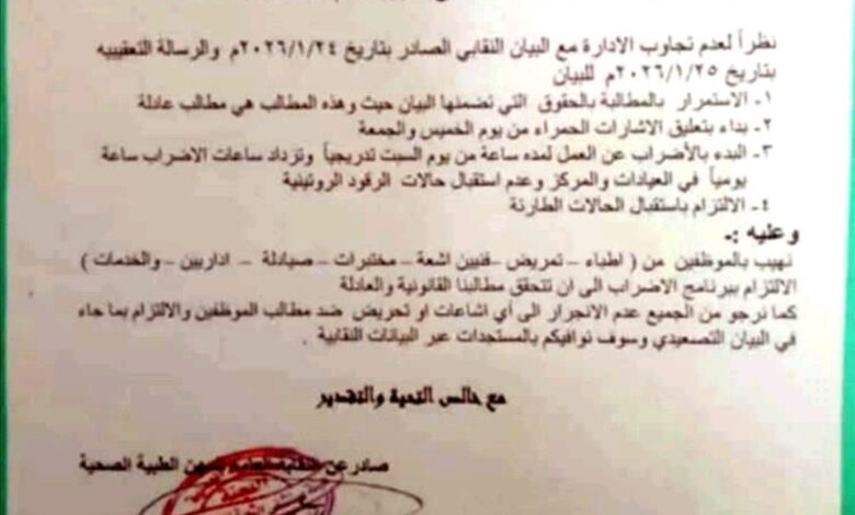 احتجاجات وتصعيد نقابي في مستشفى الثورة بصنعاء للمطالبة بالمستحقات المالية