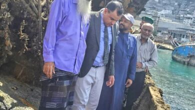 وزير الزراعة يتفقد انتشال السفن الغارقة في ميناء الاصطياد بعدن