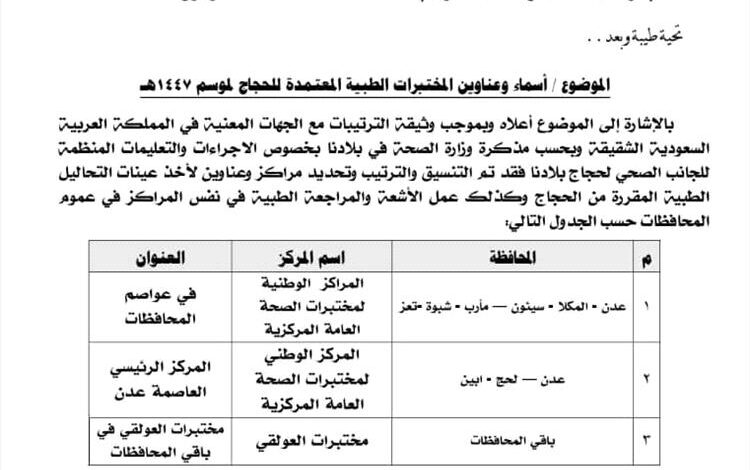 الأوقاف والإرشاد تحدد المختبرات الطبية المعتمدة لفحوصات حجاج 1447هـ