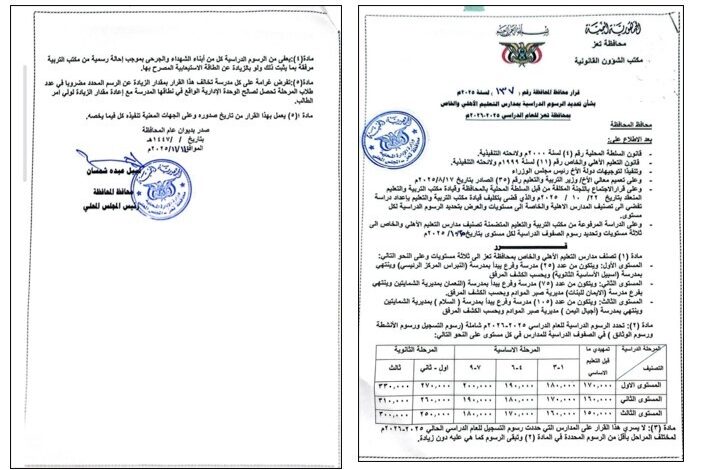 محافظ تعز يصدر قرارًا لتنظيم الرسوم الدراسية في المدارس الأهلية والخاصة 1 محافظ تعز يصدر قرارًا لتنظيم الرسوم الدراسية في المدارس الأهلية والخاصة